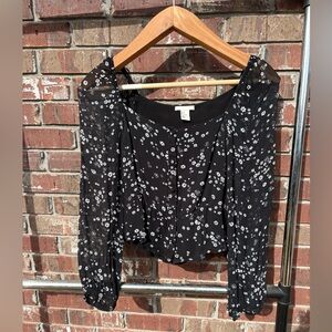 Floral Buttoned Blouse Sheer Sleeves